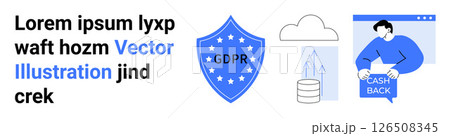 Shield with GDPR text, cloud computing data storage, person holding cashback sign. Ideal for cybersecurity, data privacy, cloud services, financial refunds, user protection, web security, technology Shield with GDPR text, cloud computing data storage, person holding cashback sign. Ideal for cybersecurity, data privacy, cloud services, financial refunds, user protection, web security, technology 126508345