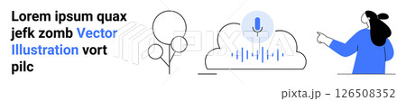 Female character in blue pointing towards cloud with microphone icon and sound wave graphics. Ideal for tech apps, voice assistants, cloud services, user guides, digital communication, software 126508352