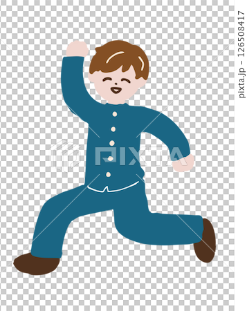A male student in a school uniform running with a smile 126508417