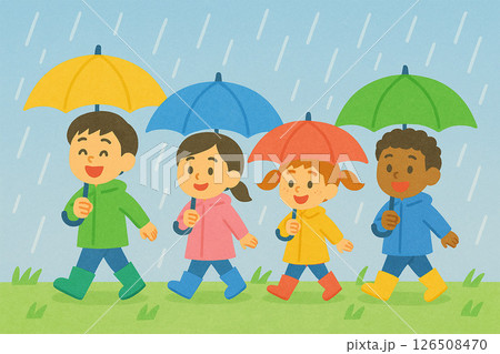 雨の日の子供たちとカラフルな傘 126508470