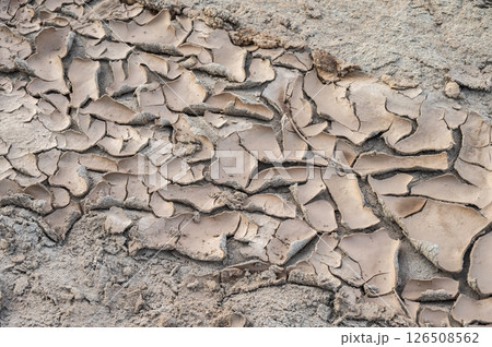 Full frame shot of mudcrack surface and background. Crack formation also occurs in clay-bearing soils as a result of a reduction in water content. 126508562