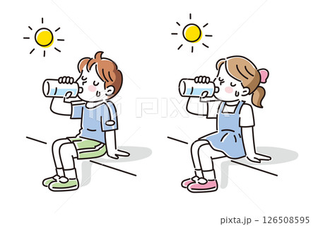 太陽の下で水分補給をする男の子と女の子のイラスト 126508595