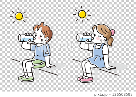 太陽の下で水分補給をする男の子と女の子のイラスト 126508595
