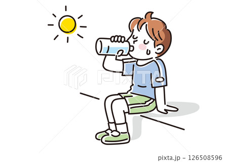 太陽の下で水分補給をする男の子のイラスト 126508596