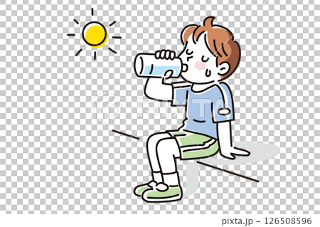 太陽の下で水分補給をする男の子のイラスト 126508596
