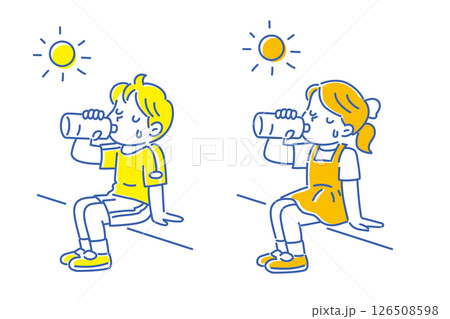 太陽の下で水分補給をする男の子と女の子のイラスト 126508598