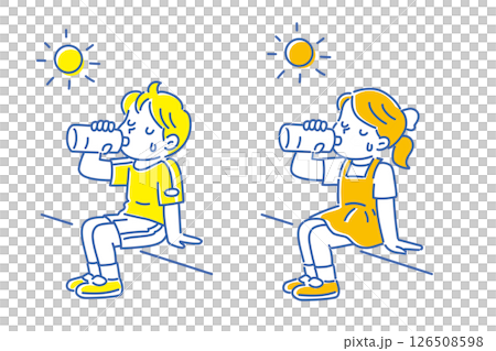 太陽の下で水分補給をする男の子と女の子のイラスト 126508598