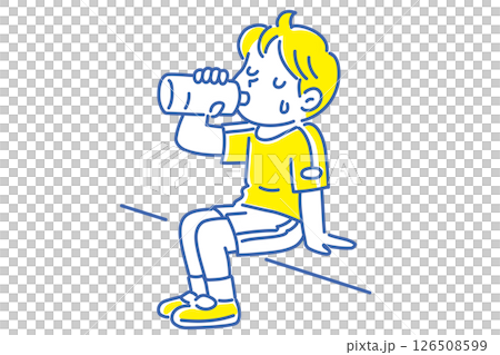 太陽の下で水分補給をする男の子のイラスト 126508599