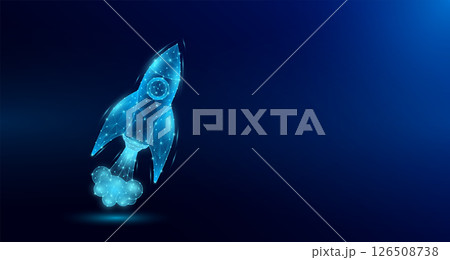 Launch digital spaceship rocket flies up into outer space. Polygonal low poly wireframe style. Business startup concept and expand rapidly. Banner empty space for text. Vector EPS10. Launch digital spaceship rocket flies up into outer space. Polygonal low poly wireframe style. Business startup concept and expand rapidly. Banner empty space for text. Vector EPS10. 126508738