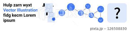 Infographic featuring documents, interconnected network nodes with various icons, and a question mark. Ideal for business processes, education, data analysis, problem-solving, research 126508830