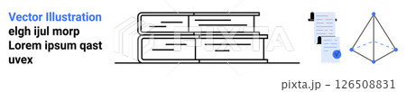 Stack of books in black outlines, document with blue checkmarks, geometric shape diagram. Ideal for education, learning, school projects, academic materials, instructional design, study aids 126508831