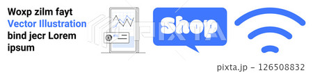 Contains a mobile device with a chart, a speech bubble with Shop text, and a wireless icon. Ideal for online shopping, mobile apps, wireless technology, e-commerce, digital marketing. Banner Contains a mobile device with a chart, a speech bubble with Shop text, and a wireless icon. Ideal for online shopping, mobile apps, wireless technology, e-commerce, digital marketing. Banner 126508832