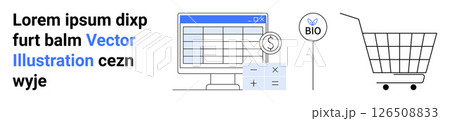 Computer screen displaying a financial spreadsheet, calculator, dollar symbol, eco-friendly BIO sign, shopping cart. Ideal for e-commerce, finance, eco-friendly products, digital marketing 126508833