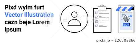 User profile icon, a checklist on clipboard, shopping cart on mobile screen with BUY button. Ideal for e-commerce, user profiles, online shopping, mobile app interfaces, business planning, task 126508860