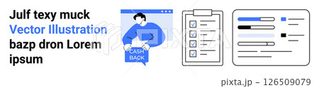 Man holding a cashback sign in browser window, checklist with checkboxes, and financial dashboard with charts. Ideal for finance, online shopping, cashback services, productivity tools, task 126509079