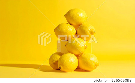 Seven vibrant yellow lemons are stacked in a pyramid on a yellow platform against a matching yellow background, casting distinct shadows. 126509098