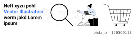 Woman using laptop by shopping cart, accompanied by magnifying glass and text. Ideal for e-commerce, online retail, technology themes, digital commerce, marketing, shopping guides, search 126509118