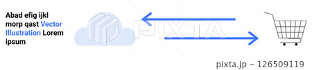 Cloud and shopping cart connected by arrows suggesting data transfer, e-commerce, and cloud integration. Ideal for digital marketing, online shopping, cloud services, data management, retail tech, IT 126509119
