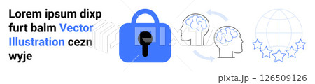 Large lock symbol, connected brain icons indicating knowledge sharing, and global network with stars. Ideal for cybersecurity, data protection, knowledge sharing, online privacy, network security Large lock symbol, connected brain icons indicating knowledge sharing, and global network with stars. Ideal for cybersecurity, data protection, knowledge sharing, online privacy, network security 126509126