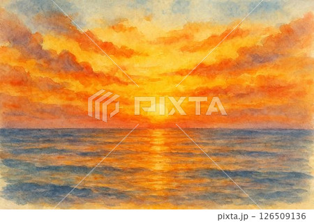 夕景　水平線に沈む太陽　水彩画 126509136