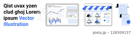Graph analytics, e-commerce storefront with product listing, and document with user profiles in black and blue. Ideal for business reports, marketing, e-commerce, data analysis, user management 126509137