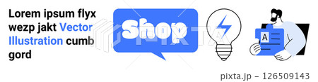 Blue shop button, lightbulb with blue lightning bolt, and person holding documents. Ideal for online shopping, e-commerce, business ideas, marketing, and digital transactions. Banner for landing page 126509143