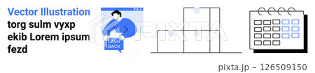 Businessman in blue sweater on webpage, stacks of boxes, calendar with spiral binding and grid. Ideal for business organization, e-commerce, stock management, scheduling, marketing, logistics 126509150