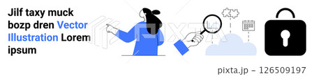 Businesswoman pointing to magnifying glass, cloud, calendar, and secure lock icon. Ideal for data analysis, cybersecurity, business planning, cloud computing, information science, research, online Businesswoman pointing to magnifying glass, cloud, calendar, and secure lock icon. Ideal for data analysis, cybersecurity, business planning, cloud computing, information science, research, online 126509197