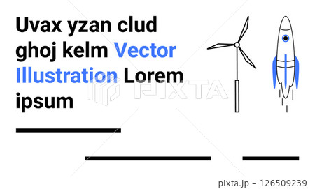 Rocket launch and wind turbine beside black text elements. Ideal for technology showcases, educational materials, infographics, presentations, websites, apps, and marketing. Landing page 126509239