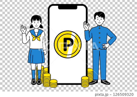 スマートフォンでポイントを貯める男女の学生（全身） 126509320