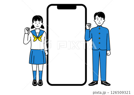 空白の画面のスマートフォンとガッツポーズをする男女の学生（全身） 126509321