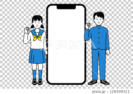 空白の画面のスマートフォンとガッツポーズをする男女の学生（全身） 126509321