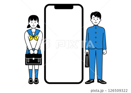 空白の画面のスマートフォンとカバンを持つ男女の学生（全身） 126509322