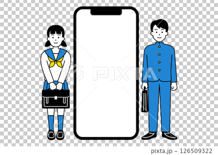 空白の画面のスマートフォンとカバンを持つ男女の学生（全身） 126509322