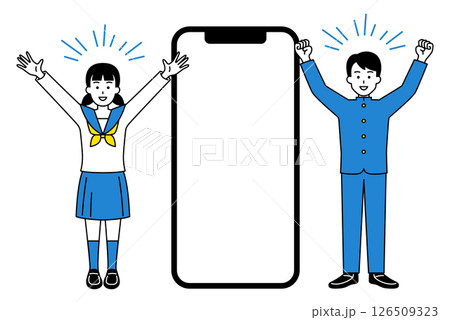 空白の画面のスマートフォンとバンザイで喜ぶ男女の学生（全身） 126509323
