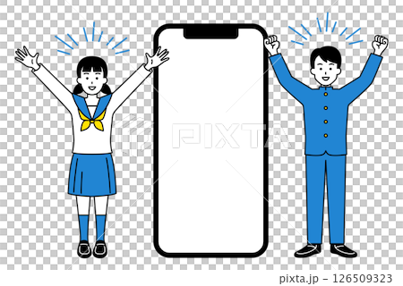 空白の画面のスマートフォンとバンザイで喜ぶ男女の学生（全身） 126509323