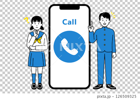 通話の画面のスマートフォンと紹介する男女の学生（全身） 126509325