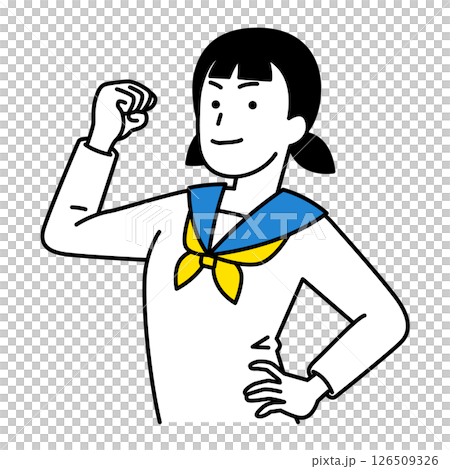 力こぶを作って見せる女子学生 126509326
