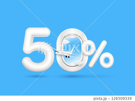 Travel season promotion up to 50 off. Number five and cloud in plane window with the percent symbol is in front with airplane on a blue background. For design tourism advertising media. 3D Vector. 126509339