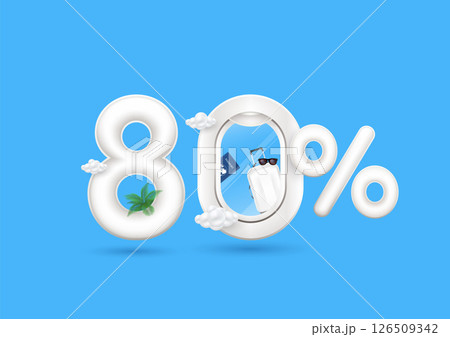 Travel season promotion up to 80 off. Passport, luggage bag in airplane window with the percent symbol front. Number eight on a blue background. For design tourism advertising media. 3D Vector. Travel season promotion up to 80 off. Passport, luggage bag in airplane window with the percent symbol front. Number eight on a blue background. For design tourism advertising media. 3D Vector. 126509342