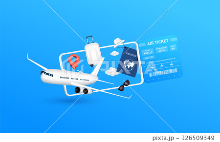 Airplane floats out of the ticket with passport and luggage bag. Clouds, hats, glasses, pins floating around. Air travel and tourism concept. Vector EPS10 illustration. 126509349
