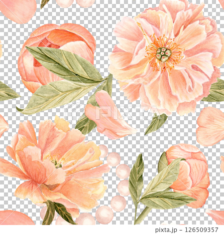 Romantic peonies, petals, leaves and pearls seamless floral watercolor pattern isolated on white background, perfect for wedding invitations, stationery, branding, packaging, and elegant event design 126509357