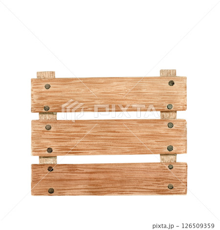 Wooden crate isolated on white. Hand painted in watercolor. Rustic high quality illustration with wood texture in simple stile for vintage design, flower and vegetable shops, organic food labels, logo 126509359