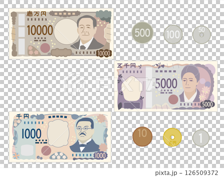 一套新的紙幣和硬幣插圖 一套新的紙幣和硬幣插圖 126509372