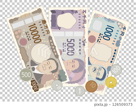 一套新的紙幣和硬幣插圖 一套新的紙幣和硬幣插圖 126509373