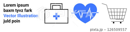 Medical kit with cross blue heartbeat line in heart shape and shopping cart. Ideal for medical services healthcare wellness e-commerce online shopping banners. Banner for landing page 126509557