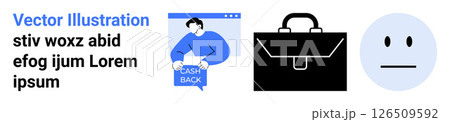 Businessman holding cashback offer, black briefcase icon, and neutral face emoticon. Ideal for business, finance, marketing, web design, customer service, email campaigns, branding. Landing page Businessman holding cashback offer, black briefcase icon, and neutral face emoticon. Ideal for business, finance, marketing, web design, customer service, email campaigns, branding. Landing page 126509592
