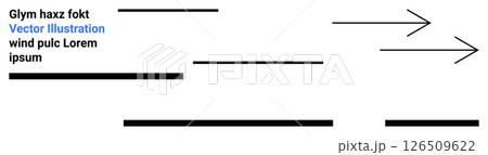 Black horizontal lines of varying lengths, two black arrows pointing right, and placeholder text. Ideal for design concepts, presentations, website headers, data visualization, infographics, user 126509622