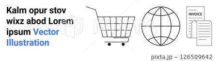 Shopping cart, globe, and invoice documents representing online shopping, global market, and billing. Ideal for eCommerce, global trade, invoicing software, business presentations, financial reports Shopping cart, globe, and invoice documents representing online shopping, global market, and billing. Ideal for eCommerce, global trade, invoicing software, business presentations, financial reports 126509642