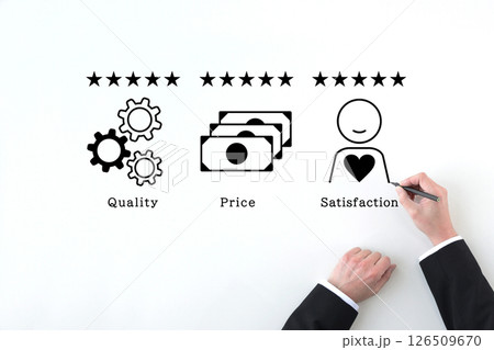 5つ星評価で品質と価格と消費者の満足度が高評価な状況をペンで描くビジネスマンの手元 5つ星評価で品質と価格と消費者の満足度が高評価な状況をペンで描くビジネスマンの手元 126509670